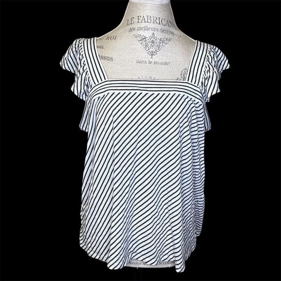 Loft Striped Short Flutter Ruffle Sleeve Square Neck Top Black and White Large - Picture 1 of 12